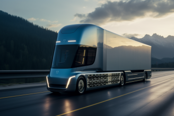 Plaatje van een futuristisch uitziende zelfrijdende vrachtwagen.