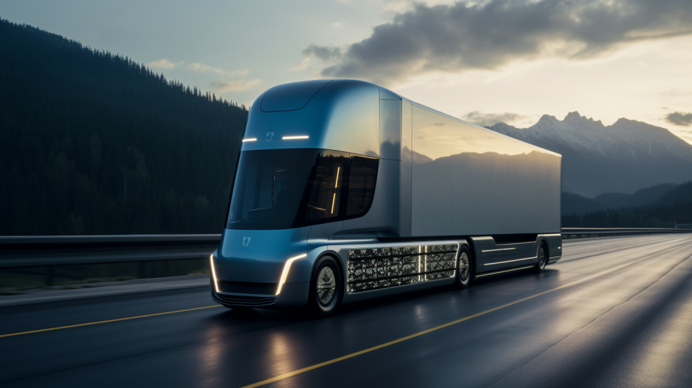 Plaatje van een futuristisch uitziende zelfrijdende vrachtwagen.